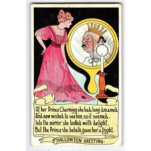 1907-1915 Halloween Postcard Prince Charming Mirror Litho H M Rose TRG Vintage